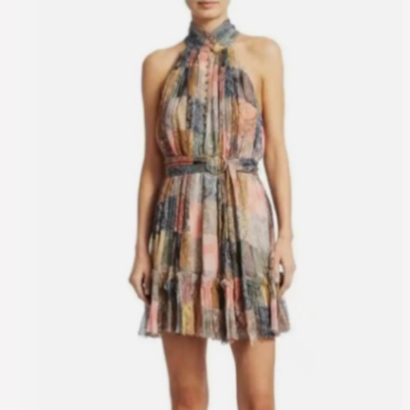 Zimmermann Ninety Six Patchwork Fit & Flare Silk Smock Halter Dress2
